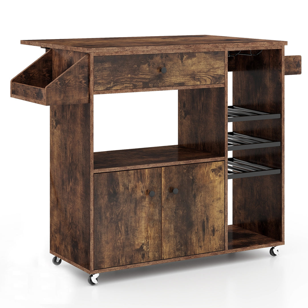 Mobile Drop Leaf Kitchen Island Cart with Microwave Shelf and Wine Rack - TidySpaces