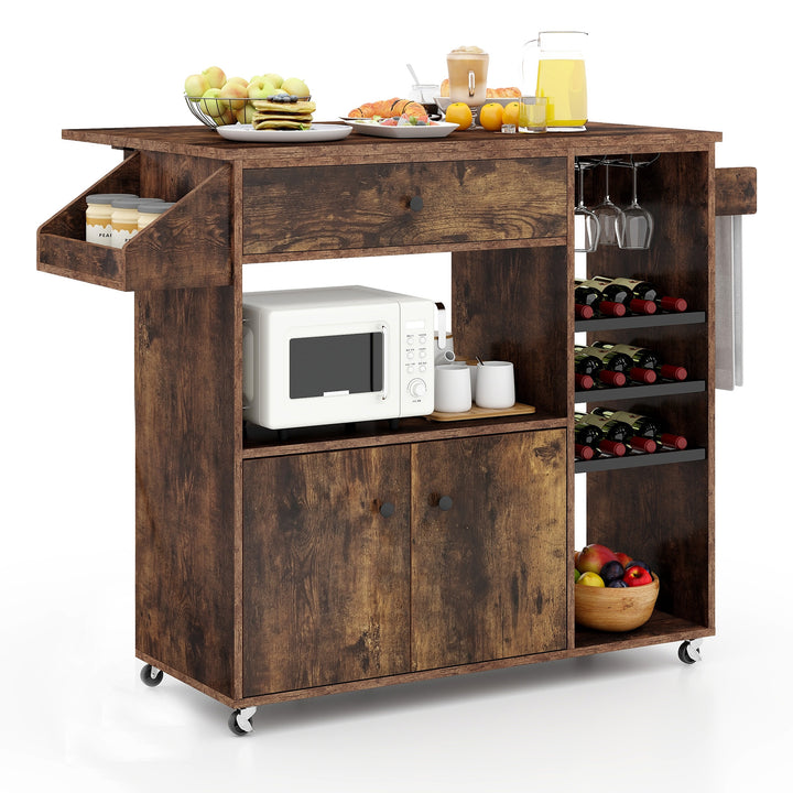Mobile Drop Leaf Kitchen Island Cart with Microwave Shelf and Wine Rack - TidySpaces