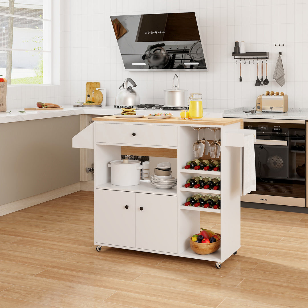 Mobile Drop Leaf Kitchen Island Cart with Microwave Shelf and Wine Rack - TidySpaces