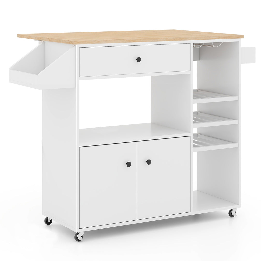 Mobile Drop Leaf Kitchen Island Cart with Microwave Shelf and Wine Rack - TidySpaces