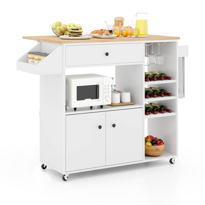 Mobile Drop Leaf Kitchen Island Cart with Microwave Shelf and Wine Rack - TidySpaces