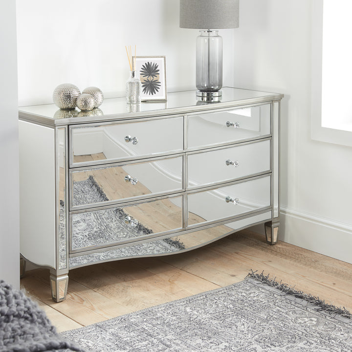 Elysee Wide 6 Drawer Chest with Mirrored Finish for Bedrooms