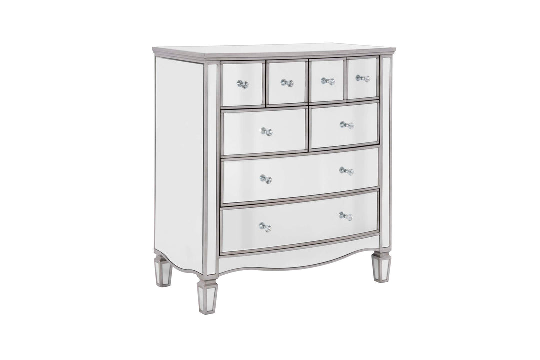 Elysee Merchant Chest 8 Drawer Mirrored Dresser with Crystal Handles