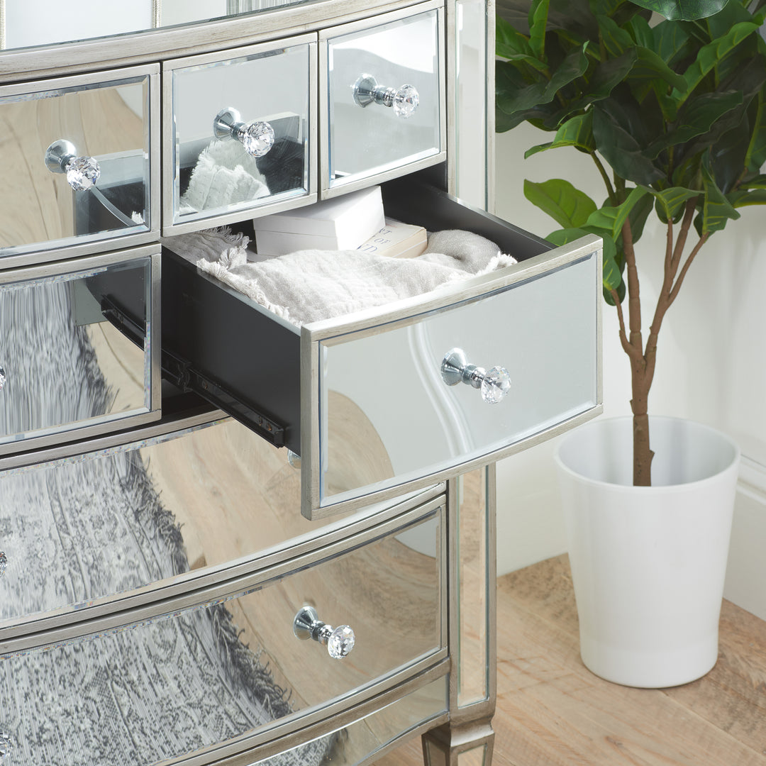 Elysee Merchant Chest 8 Drawer Mirrored Dresser with Crystal Handles