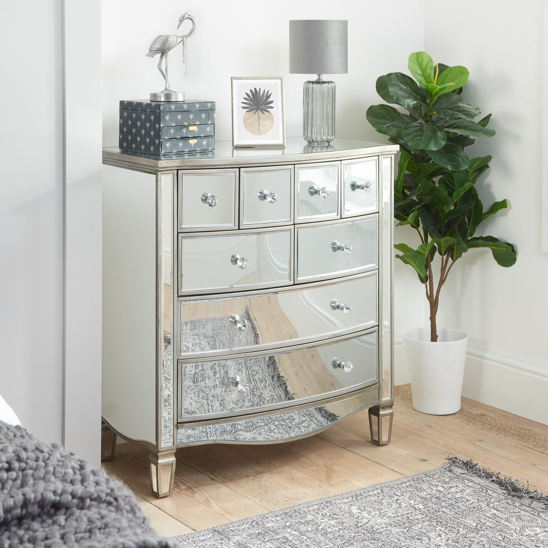 Elysee Merchant Chest 8 Drawer Mirrored Dresser with Crystal Handles