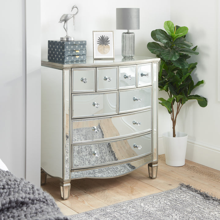 Elysee Merchant Chest 8 Drawer Mirrored Dresser with Crystal Handles