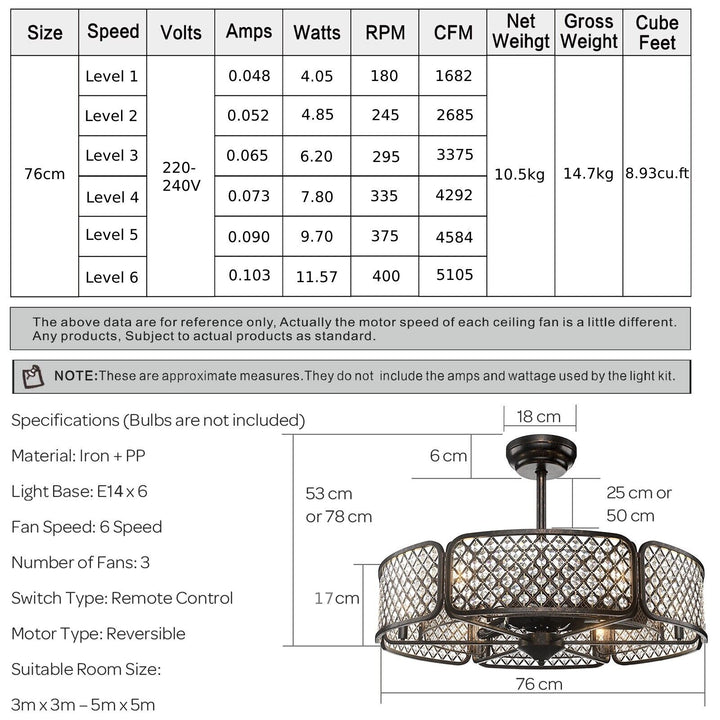 Caged Crystal Ceiling Fan Light with 6 Gear Speeds and 3 Fan Blades-Coffee