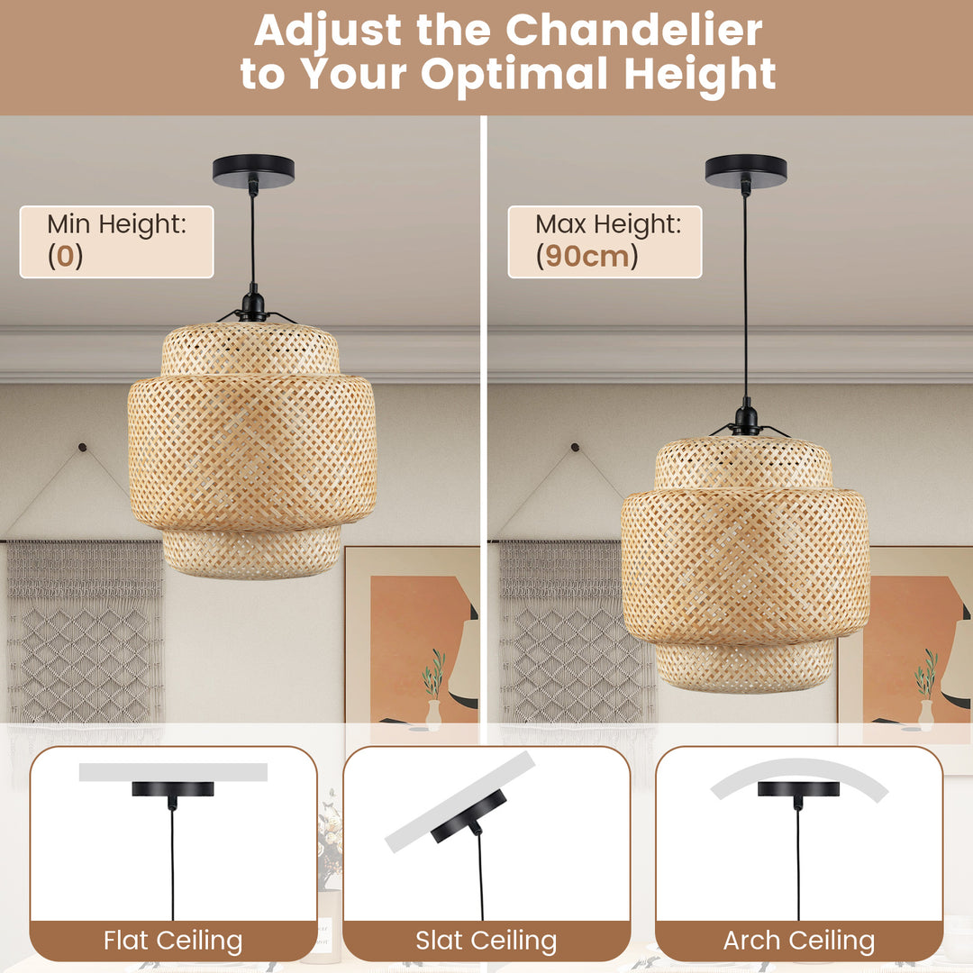 Bamboo Pendant Light with Lampshade and Plug in Cord