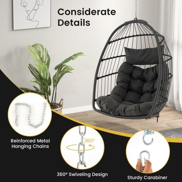 Hanging Egg Swing Hammock Chair with Head Pillow and Large Seat Cushion-Grey