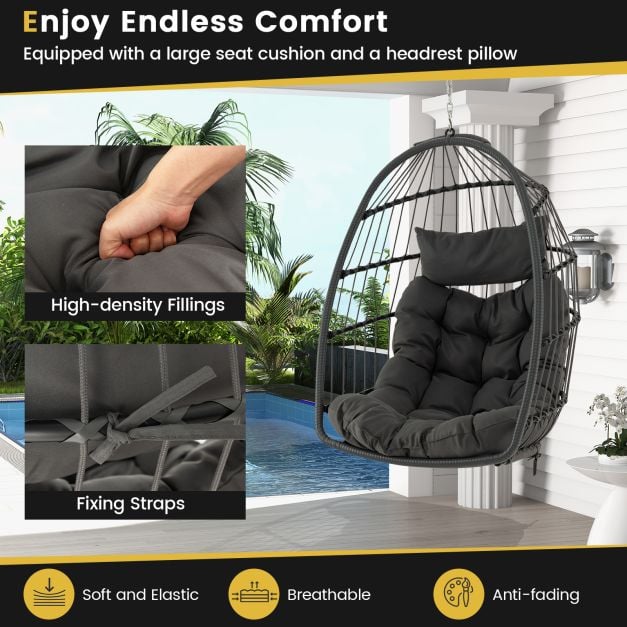 Hanging Egg Swing Hammock Chair with Head Pillow and Large Seat Cushion-Grey