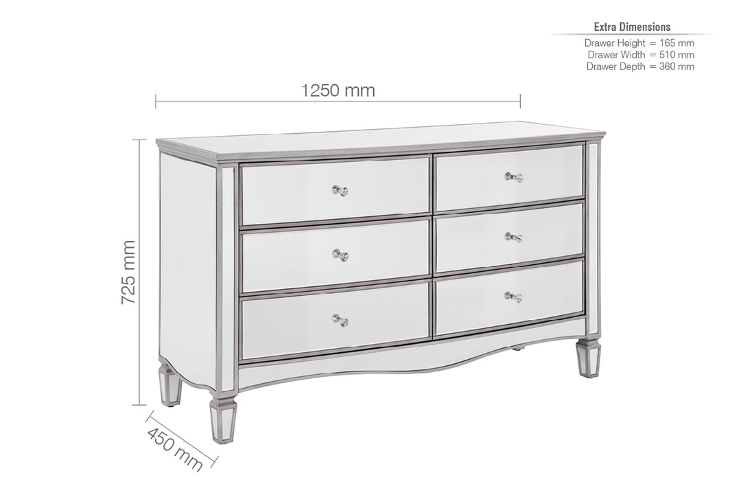 Elysee Wide 6 Drawer Chest with Mirrored Finish for Bedrooms