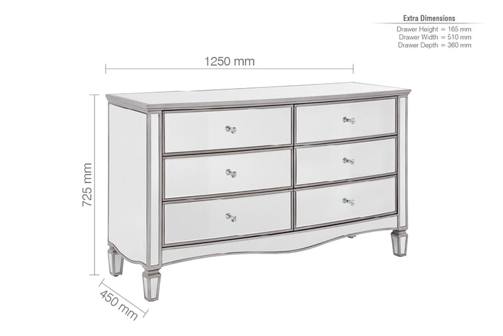 Elysee Wide 6 Drawer Chest with Mirrored Finish for Bedrooms