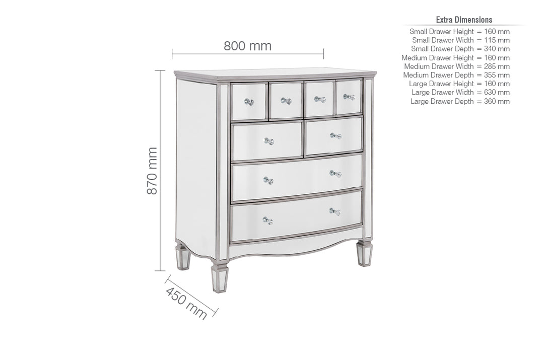 Elysee Merchant Chest 8 Drawer Mirrored Dresser with Crystal Handles