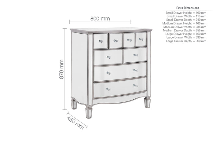Elysee Merchant Chest 8 Drawer Mirrored Dresser with Crystal Handles