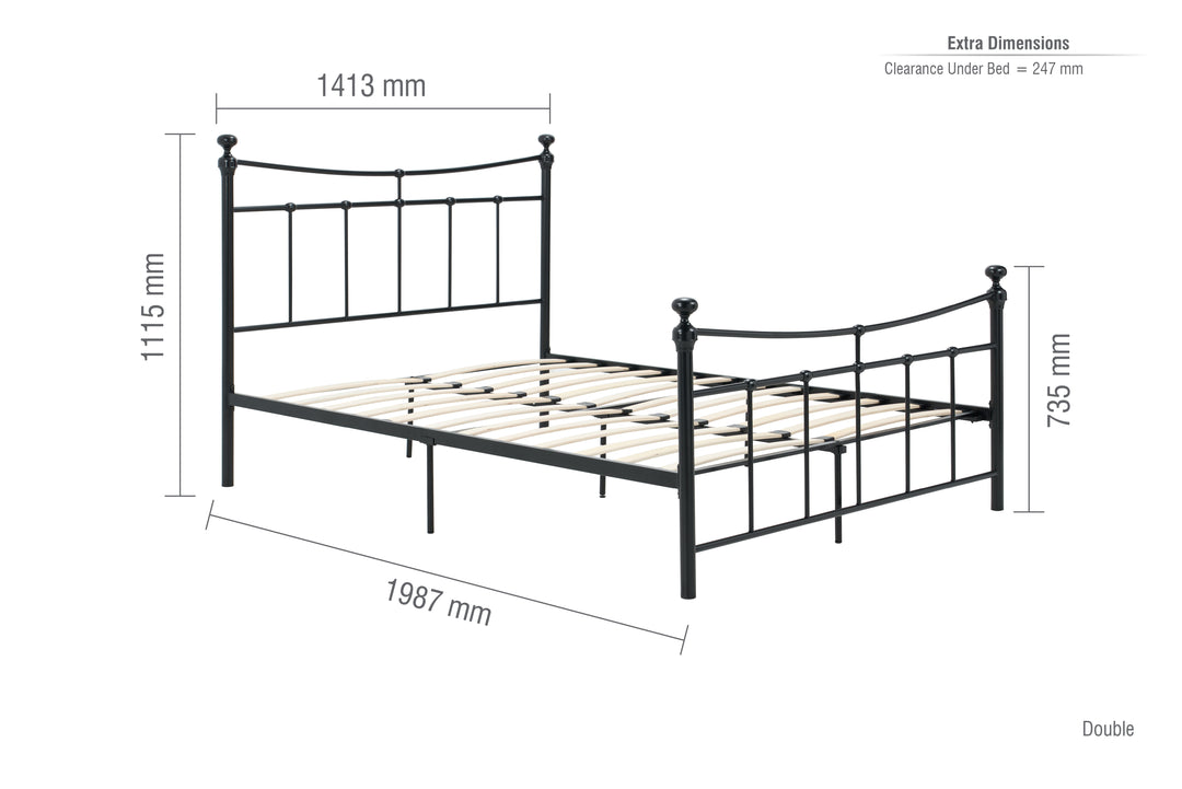 Emily Steel Bed Frame with Curved Rails and Sprung Slatted Base in Black or Cream Finish