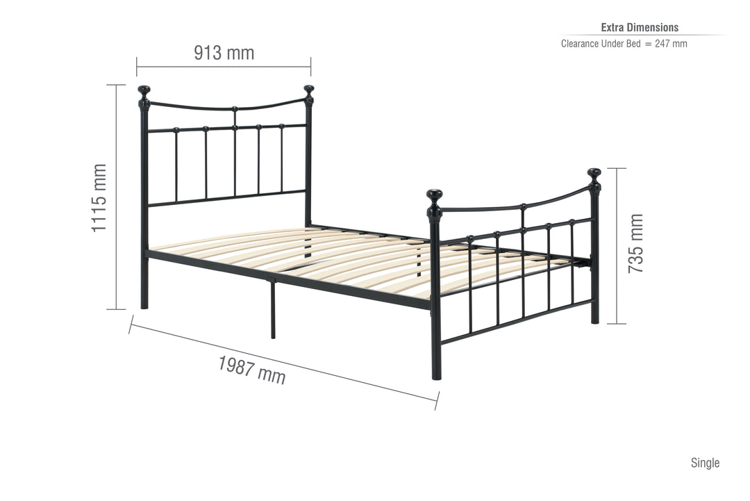 Emily Steel Bed Frame with Curved Rails and Sprung Slatted Base in Black or Cream Finish