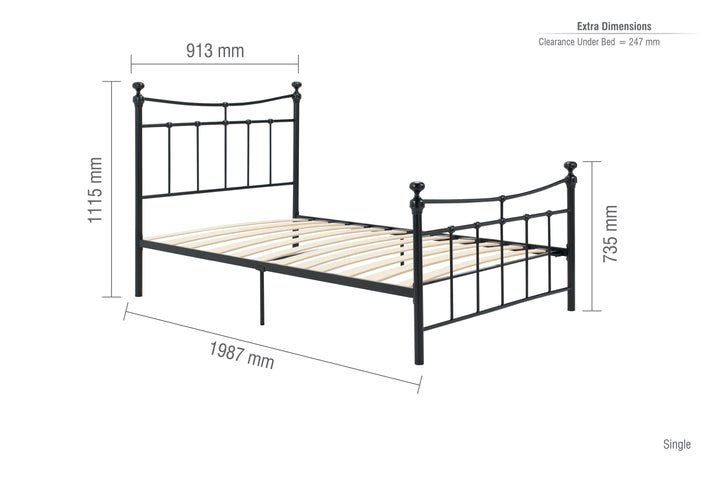 Emily Steel Bed Frame with Curved Rails and Sprung Slatted Base in Black or Cream Finish