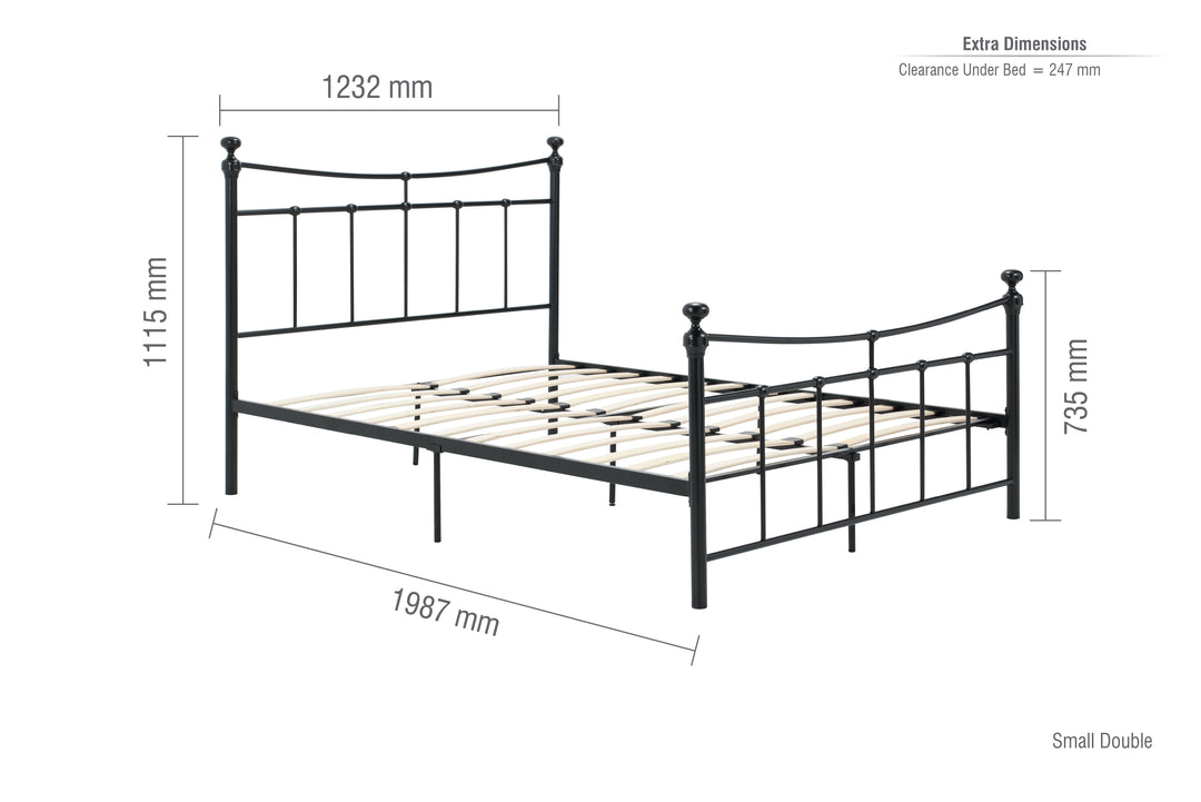 Emily Steel Bed Frame with Curved Rails and Sprung Slatted Base in Black or Cream Finish