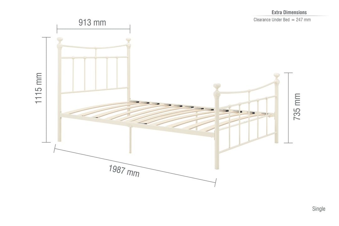 Emily Steel Bed Frame with Curved Rails and Sprung Slatted Base in Black or Cream Finish
