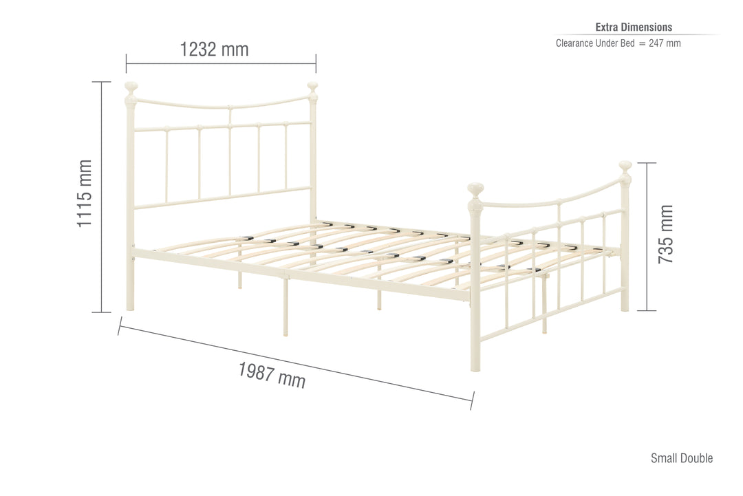 Emily Steel Bed Frame with Curved Rails and Sprung Slatted Base in Black or Cream Finish