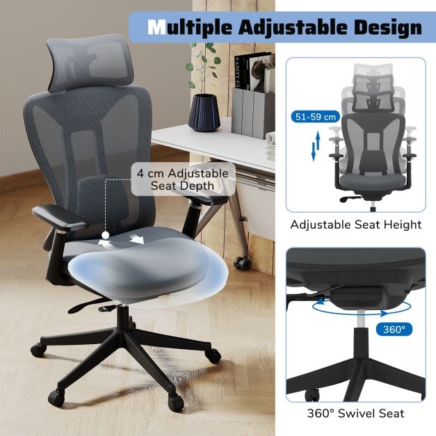 Ergonomic Breathable Mesh Office Chair High Back Executive Chair with Adjustable Lumbar Support in Grey