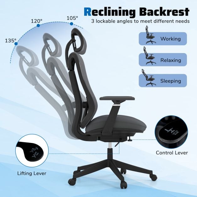 Ergonomic Breathable Mesh Office Chair High Back Executive Chair with Adjustable Lumbar Support in Grey