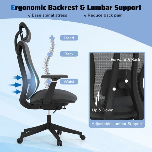 Ergonomic Breathable Mesh Office Chair High Back Executive Chair with Adjustable Lumbar Support in Grey