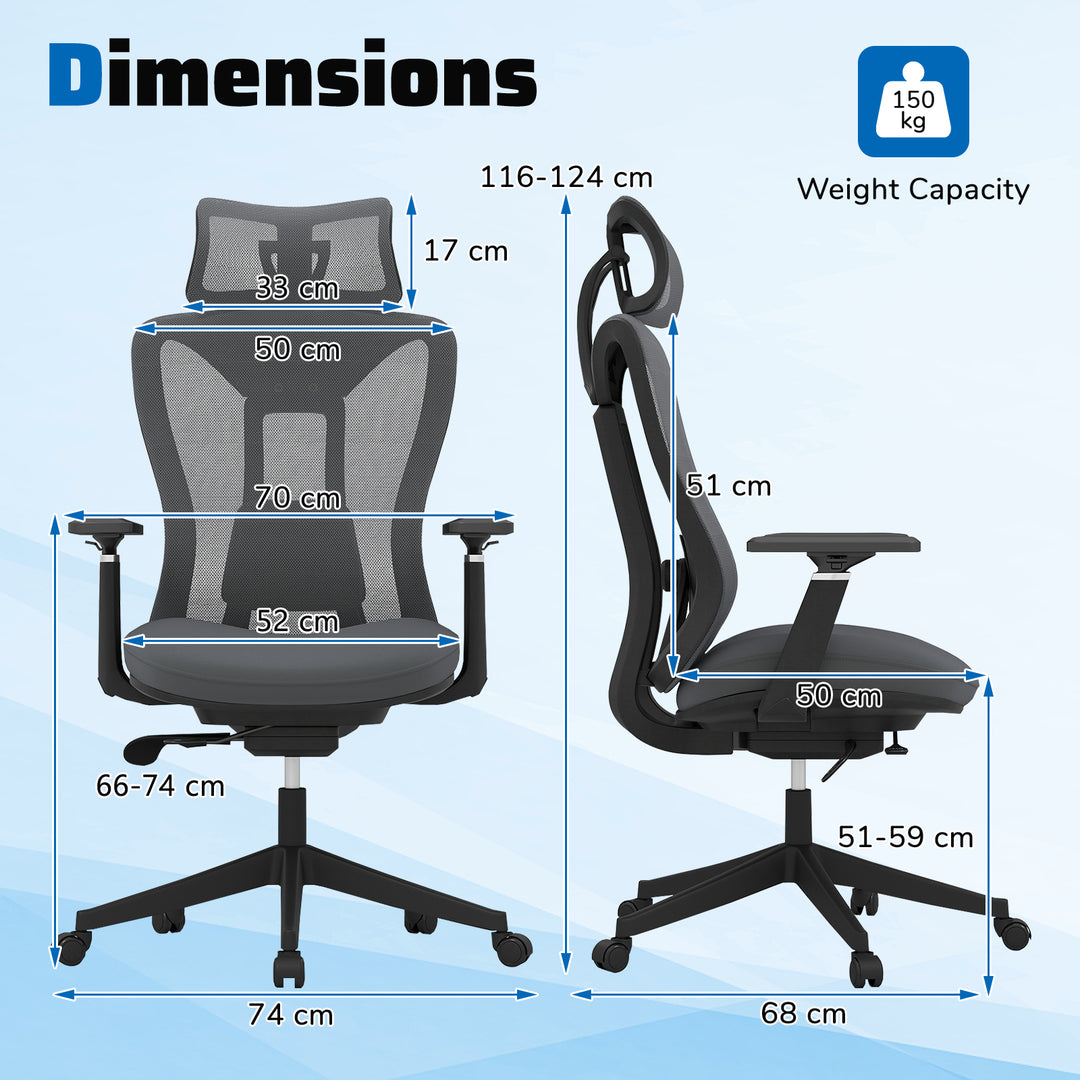 Ergonomic Breathable Mesh Office Chair High Back Executive Chair with Adjustable Lumbar Support in Grey