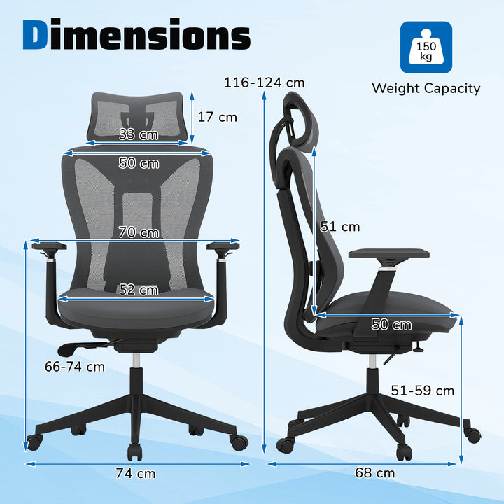 Ergonomic Breathable Mesh Office Chair High Back Executive Chair with Adjustable Lumbar Support in Grey