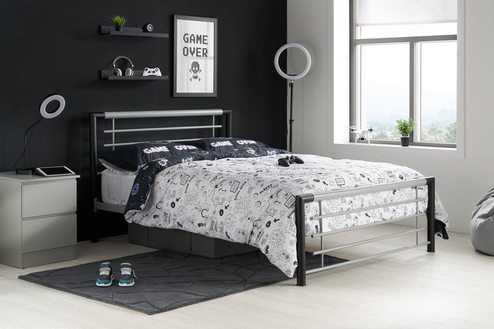 Sleek Modern Steel Bed with Epoxy Powder Coated Finish and Sprung Slatted Base