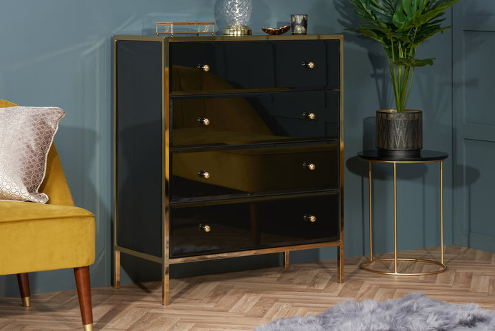 Fenwick 4 Drawer Chest Black Glass Gold Frame Luxury Storage