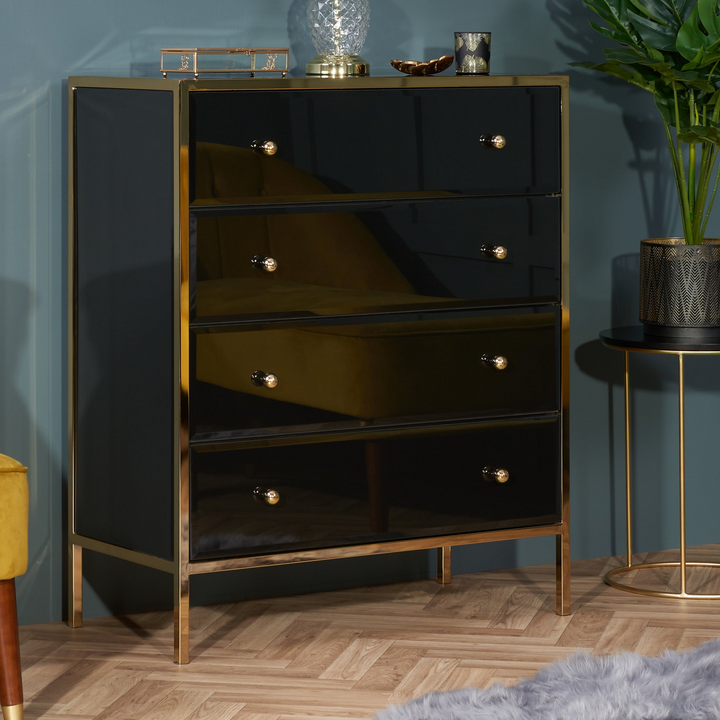 Fenwick 4 Drawer Chest Black Glass Gold Frame Luxury Storage