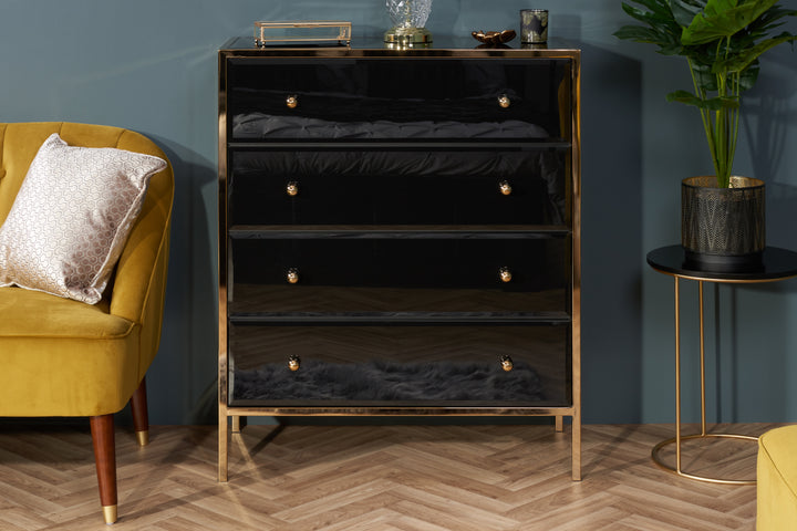 Fenwick 4 Drawer Chest Black Glass Gold Frame Luxury Storage
