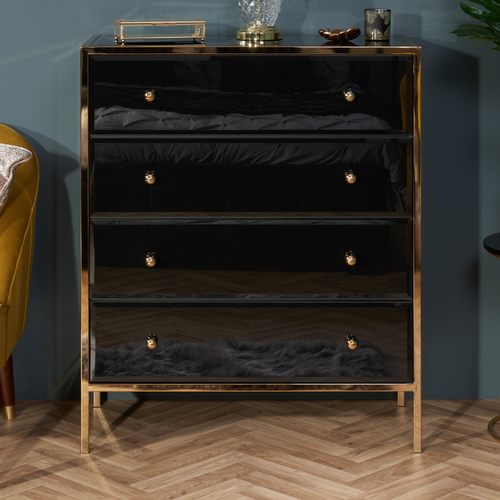 Fenwick 4 Drawer Chest Black Glass Gold Frame Luxury Storage