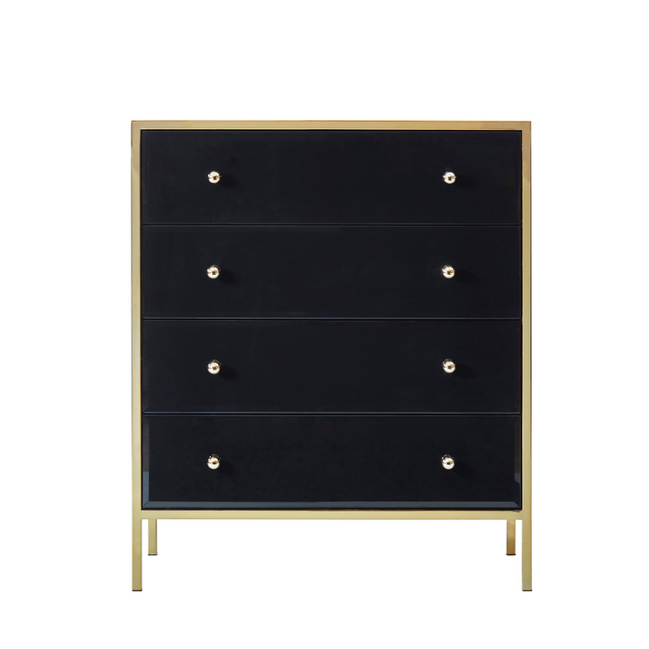 Fenwick 4 Drawer Chest Black Glass Gold Frame Luxury Storage