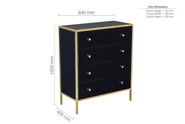 Fenwick 4 Drawer Chest Black Glass Gold Frame Luxury Storage