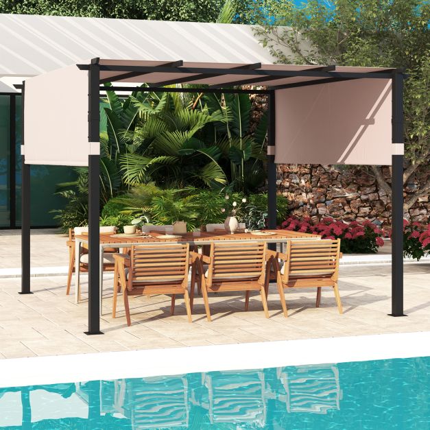 305 x 305 cm Flat Top Pergola with Retractable Canopy and Heavy-duty Metal Frame