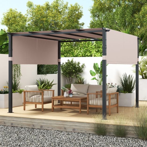 305 x 305 cm Flat Top Pergola with Retractable Canopy and Heavy-duty Metal Frame