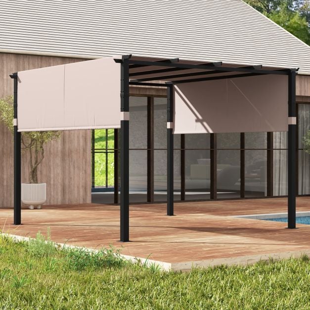 305 x 305 cm Flat Top Pergola with Retractable Canopy and Heavy-duty Metal Frame