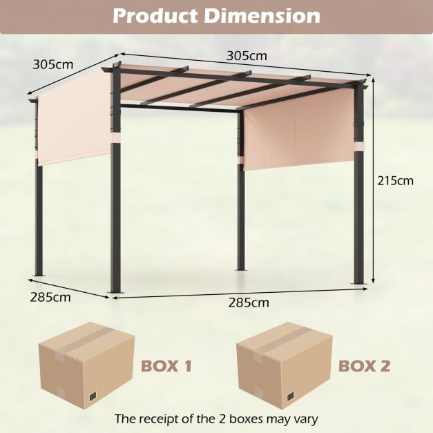 305 x 305 cm Flat Top Pergola with Retractable Canopy and Heavy-duty Metal Frame