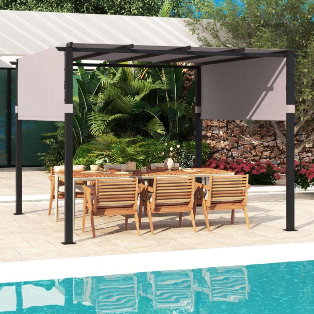 305 x 305 cm Flat Top Pergola with Retractable Canopy and Heavy-duty Metal Frame