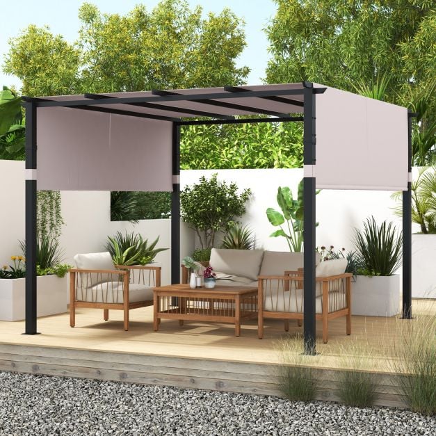 305 x 305 cm Flat Top Pergola with Retractable Canopy and Heavy-duty Metal Frame