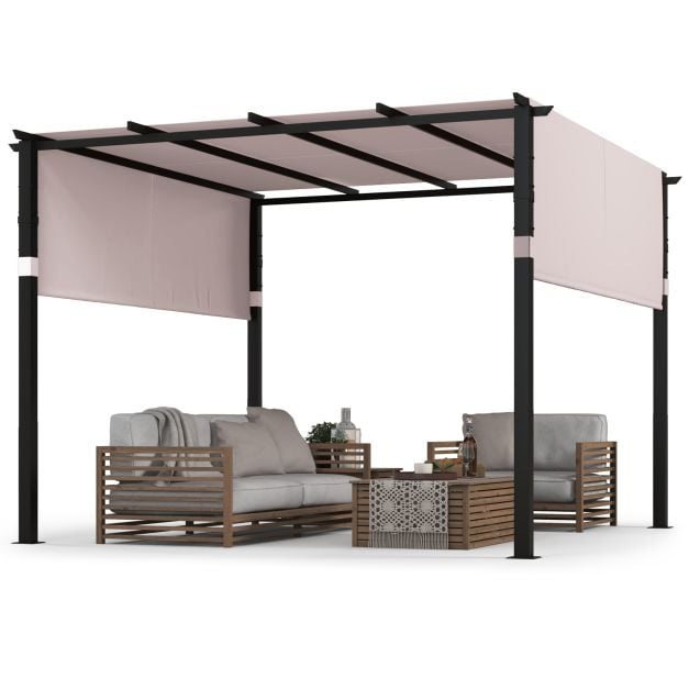 305 x 305 cm Flat Top Pergola with Retractable Canopy and Heavy-duty Metal Frame