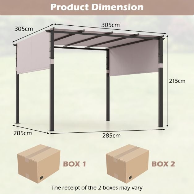 305 x 305 cm Flat Top Pergola with Retractable Canopy and Heavy-duty Metal Frame