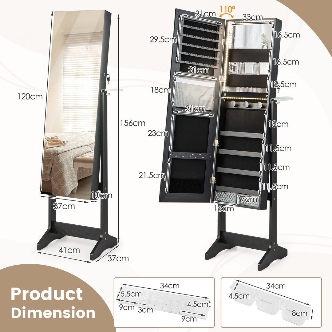 Freestanding LED Mirrored Jewellery Cabinet with Keyhole - TidySpaces