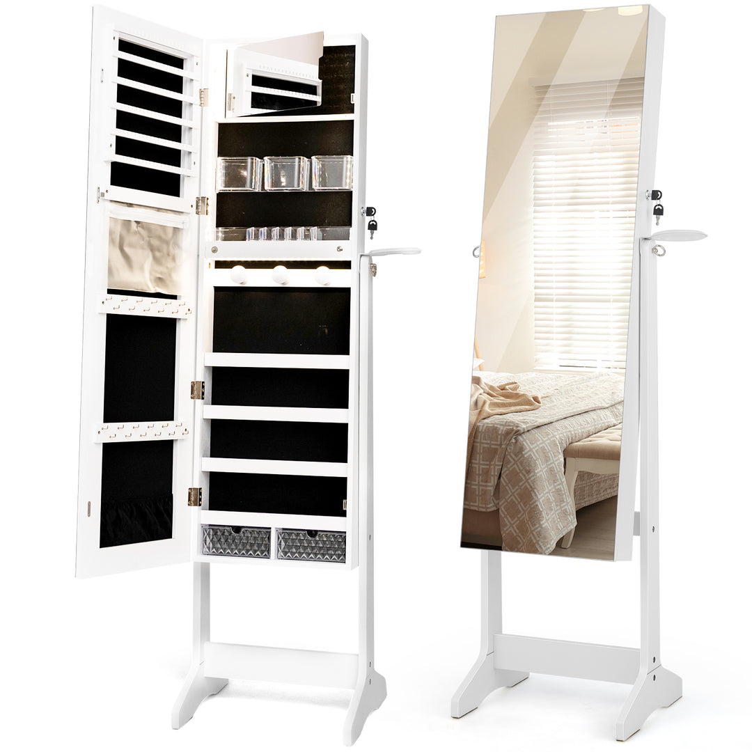 Freestanding LED Mirrored Jewellery Cabinet with Keyhole White - TidySpaces