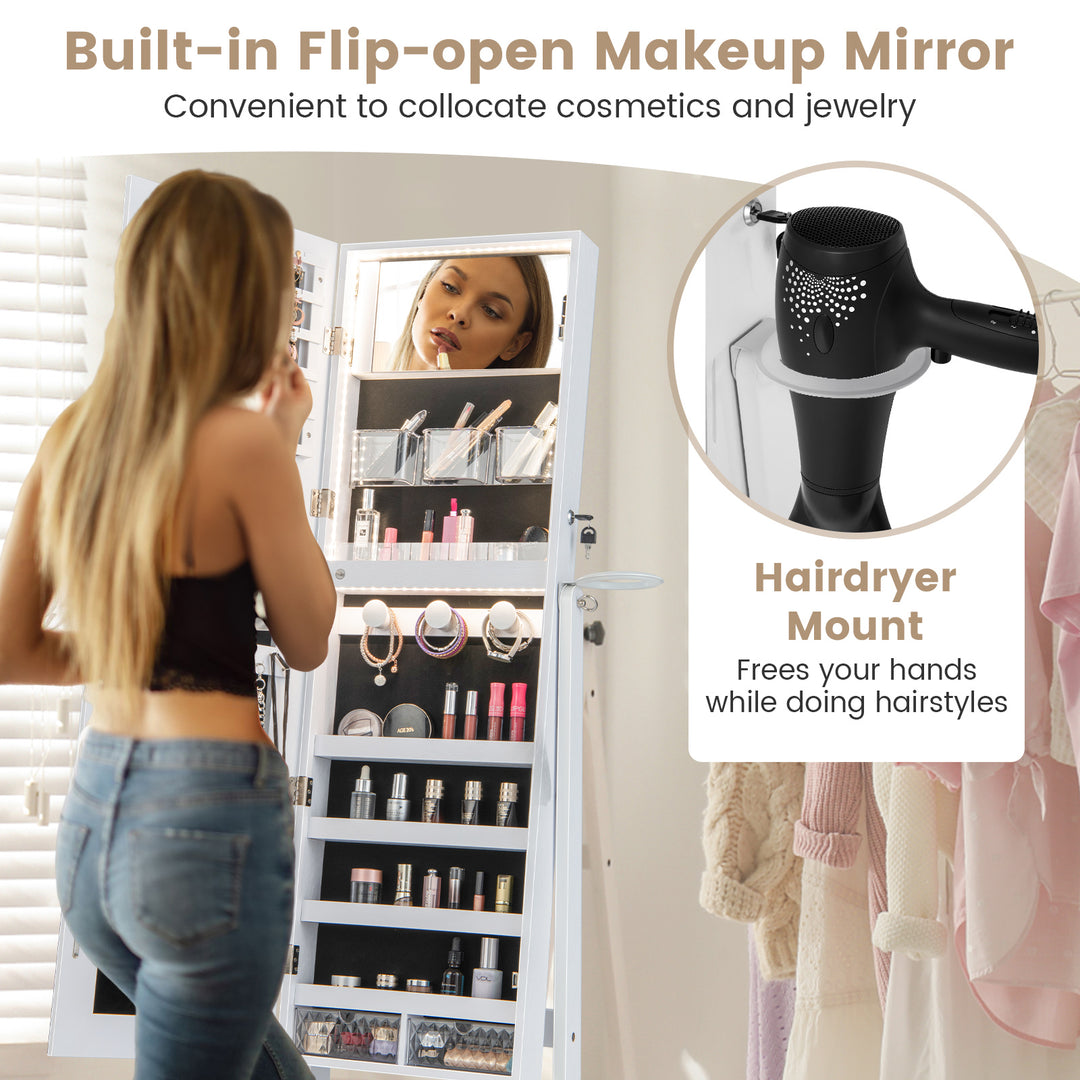 Freestanding LED Mirrored Jewellery Cabinet with Keyhole - TidySpaces