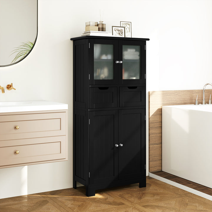 Floor Storage Cabinet with Glass-Door Cabinets and 2 Drawers-Black