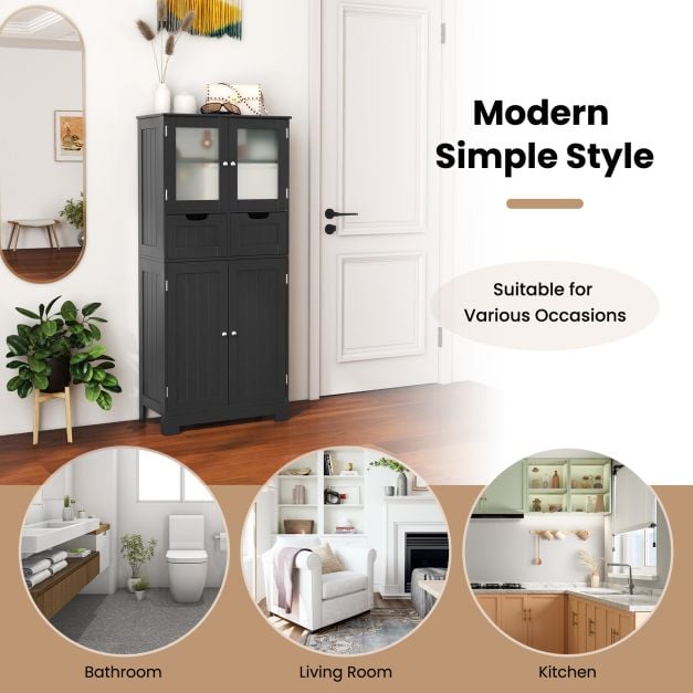 Floor Storage Cabinet with Glass-Door Cabinets and 2 Drawers-Black