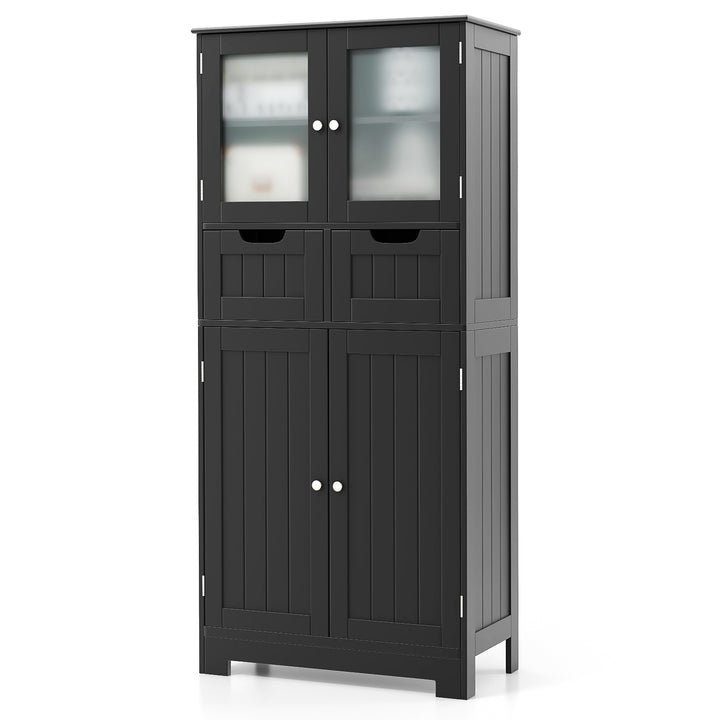 Floor Storage Cabinet with Glass-Door Cabinets and 2 Drawers-Black